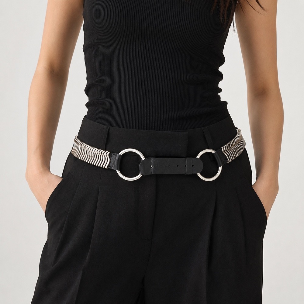 Streets Ahead Womens Black Leather Silver O-Ring Wavy Metal Ribbed Belt USA Made